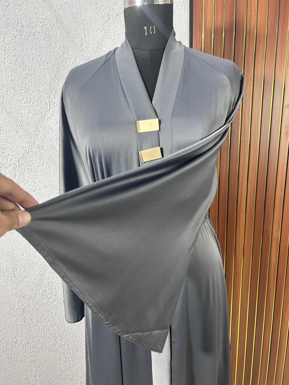 Slate Grey Satin Belted Abaya with Gold Bar Accents - Image 3 - Abaya Studio