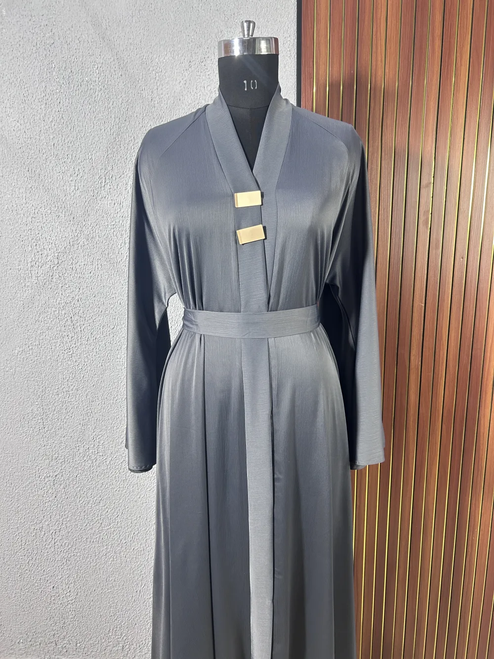 Slate Grey Satin Belted Abaya with Gold Bar Accents - Image 5 - Abaya Studio
